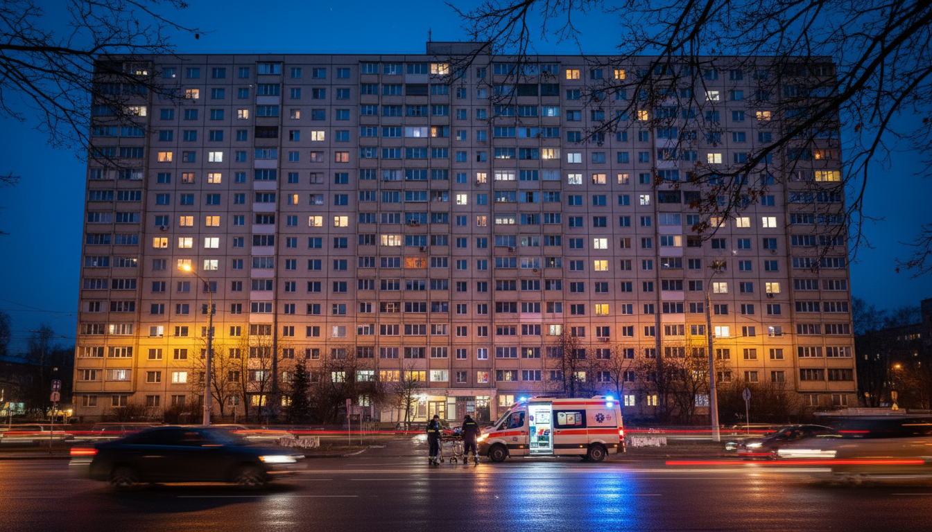 вечерний городской пейзаж, светящиеся окна жилого дома, машина скорой помощи у подъезда