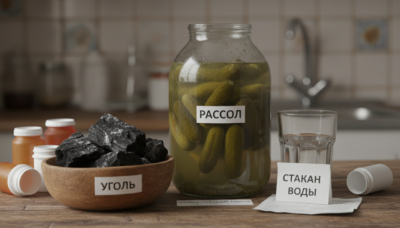 кухонный стол с рассолом, углём и стаканом воды — бесполезные домашние средства